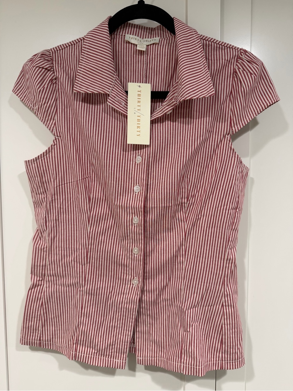 Thirty/Thirty - Red Striped Cap Sleeve Button-Up Top